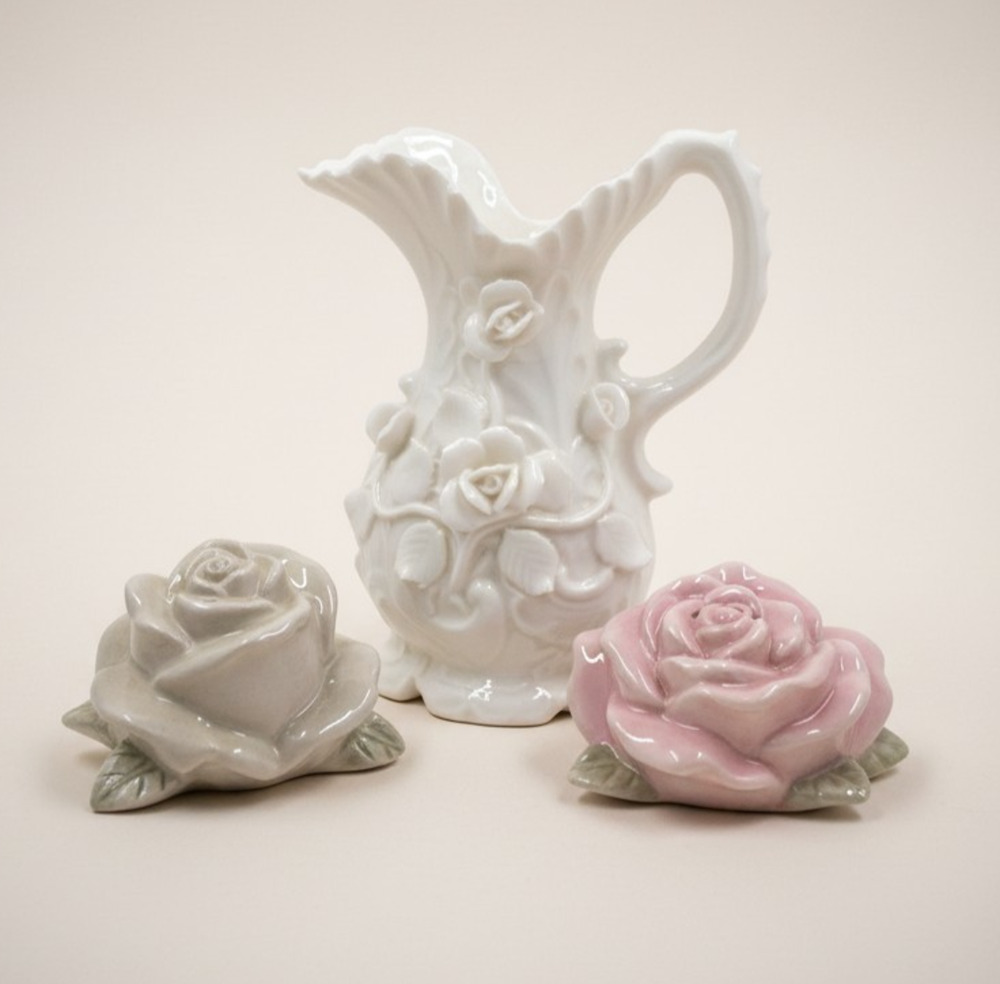 Ceramic Rose Salt & Pepper Shakers Pink Floral Vintage Kitchen Set with pitcher
